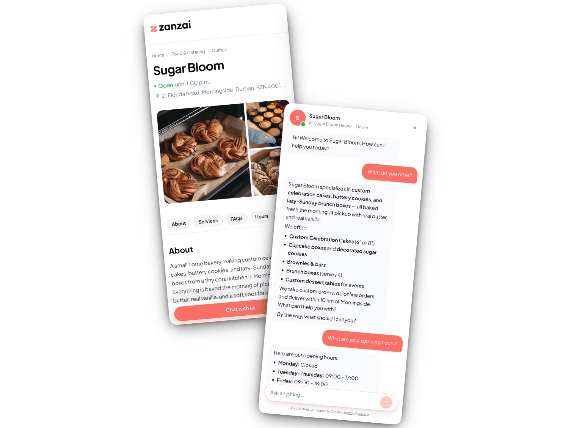 Sugar Bloom mobile listing and chat preview