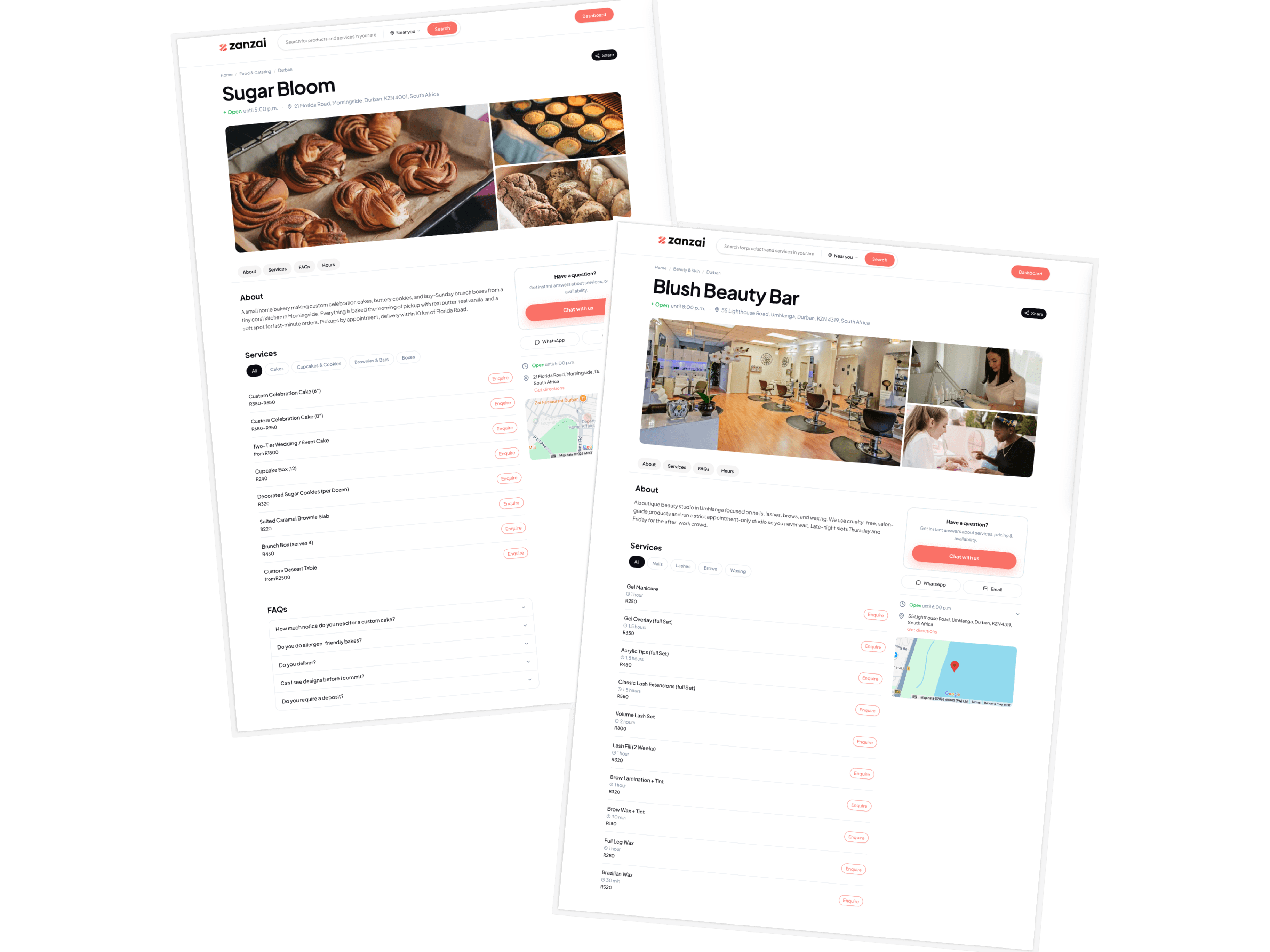 Zanzai business listing preview with feature highlights — professional online listing, get found faster, smarter answers with AI